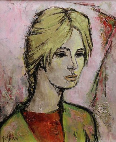 null JOFFRIN Guily (1909-2007) : «Portrait de jeune fille au fond rose». huile sur...