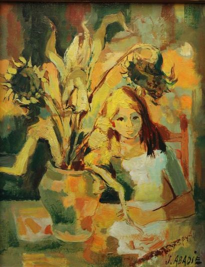 null Jean ABADIE (1921-2010) : «Bouquet à l’enfant». Huile sur toile signée en bas...