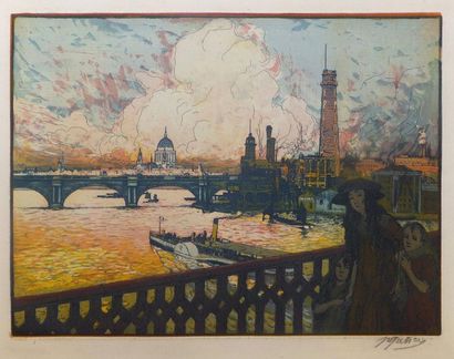 null GATIER Pierre-Louis (1878-1944). From Charing Cross Bridge. 1911. Eau- forte...