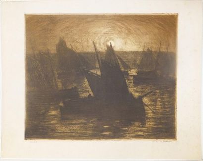 null COTTET Charles (1863-1920). Barques de pêche, soleil couchant : soir dans le...