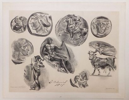 null DELACROIX Eugène (1798-1863). Feuille de neuf médailles antiques. 1825. Lithographie....
