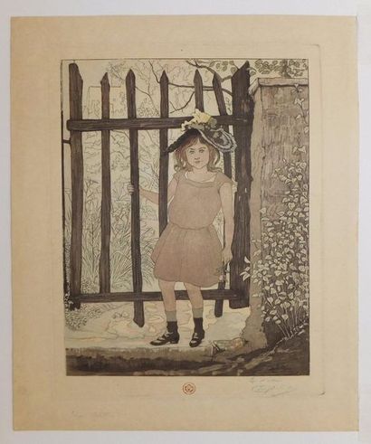 null DELÂTRE Eugène (1864-1938). Enfant à la grille d’un jardin. 1893. Eau-forte...