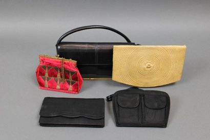 null Set of 5 evening bags and clutch bags in black leather, grosgrain, braided straw...