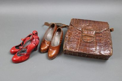 null Two pairs of shoes, red and brown and 1 bag