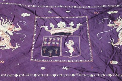 null Silk hanging embroidered with dragons and crown, crest with the arms of the...