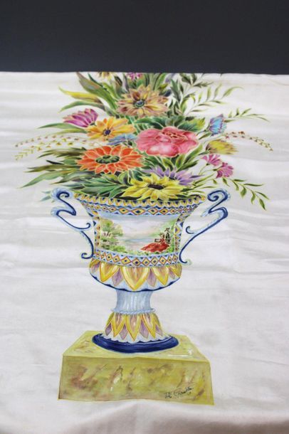 null Painted silk wall hanging or curtain decorated with a floral vase signed M....