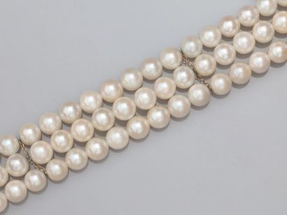 null Bracelet trois rangs de perles de culture diamètre 6.5/7 mm, fermoir en or jaune...