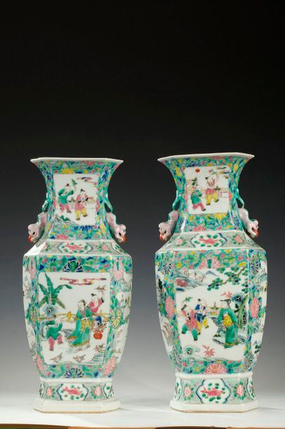 null Canton. Paire de Vases hexagonaux, H42 cm L18 cm, XIXe s