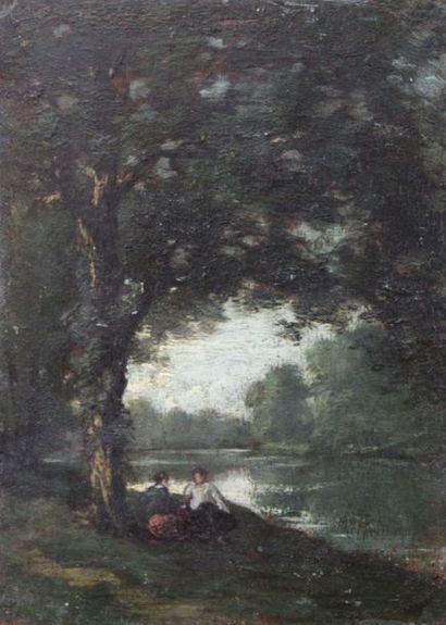 null ÉCOLE FRANÇAISE XIXe siècle : « Couple en bord de rivière ». Huile sur panneau....