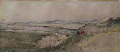 null SEMBACH August Ernest (1854-1898) : « Chasseurs dans la lande ». Aquarelle (insolation)....