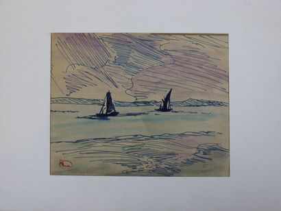 null LUCE Maximilien (1858-1941) : « Voiliers en mer ». Plume, encre bleue et aquarelle...