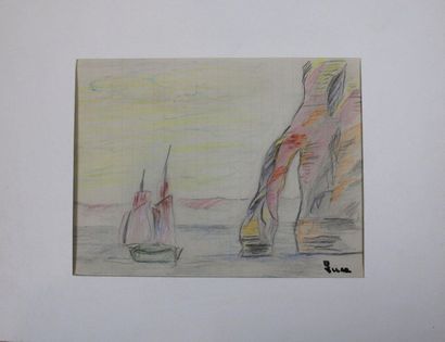 null LUCE Maximilien (1858-1951) : « Voiliers en mer à Etretat ». Crayons de couleurs...