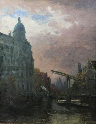 null DELSAUX Willem (1862-1945) : « Pont à bascule sur L’Amstel, Amsterdam, 1899 »....