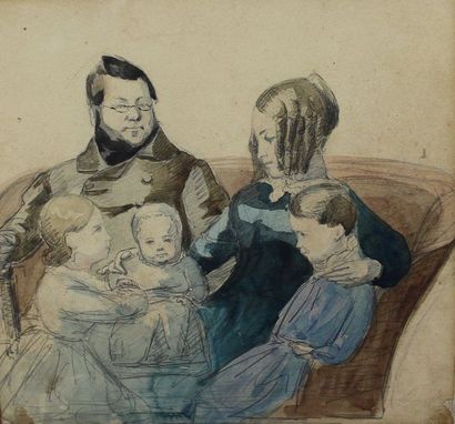 null Ecole française vers 1900, dans le goût de Gavarni : « Portrait de famille »....