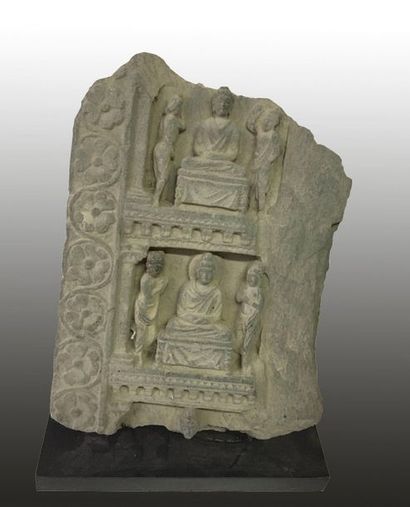 null Double reliquary in schist depicting chapels decorated with sitting Buddha surrounded...
