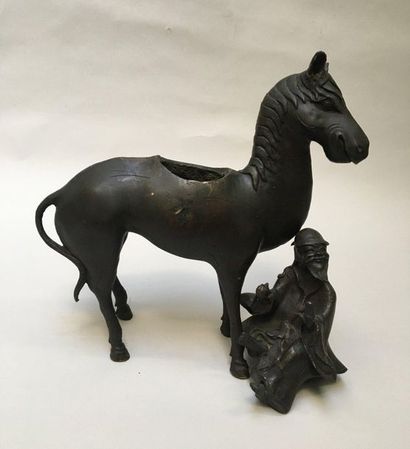 null Brûle-parfum en bronze, représentant Lao Tseu sur sa mule. Chine, Qing, XVIIIème...
