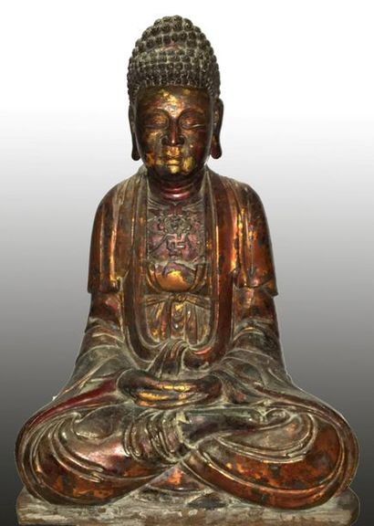 null Bouddha assis en position de " Dhyana-Mudra " méditation en bois laqué. Vietnam,...