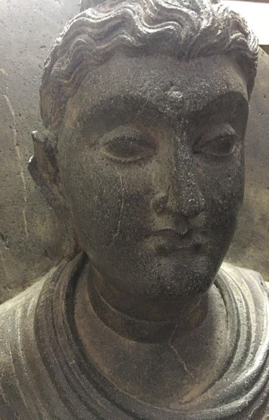 null Bouddha auréolé à la coiffure en fines boucles, le crâne surmonté de sa protubérance...