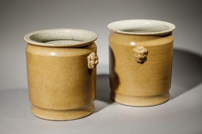 null Pair of white porcelain terrines with amber cover, decorated with two lion heads....