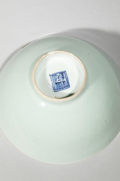 null Bol en porcelaine blanche à couverte extérieure bleu pâle. Chine, Qing, fin...