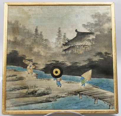 null JAPAN - [ANIMATED LANDSCAPES]. Meeting of 4 pretty GOUACHES on canvas. Edo period....