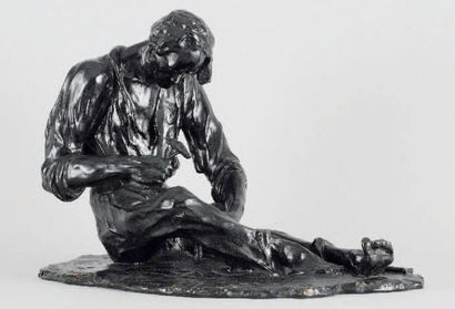 PINA ALFREDO (1883-1966) "Paysan aiguisant sa faux" Bronze à patine noire, fonte...