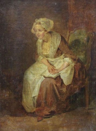 null Ecole française du XIX-ème Siècle : « Femme assise dans un intérieur tenant...