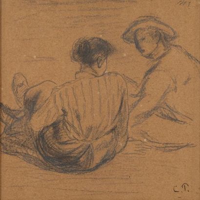 null PISSARO Camille (1830-1903) : « Couple de paysans assis ». dessin au fusain...