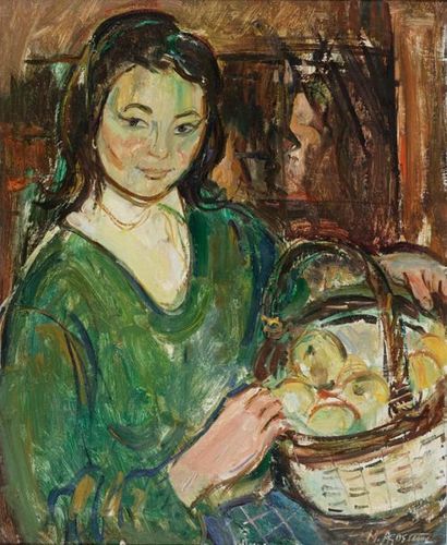 null AGOSTINI Max (1914-1997) : « Jeune fille au panier de pommes ». Huile sur toile...