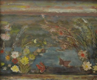 null HERAUT Henri (1894-1981) : « Fleurs sur le marais ». Huile sur carton signée...