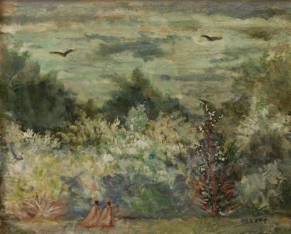 null HERAUT Henri (1894-1981) : « Paysage aux oiseaux ». Huile sur carton signée...