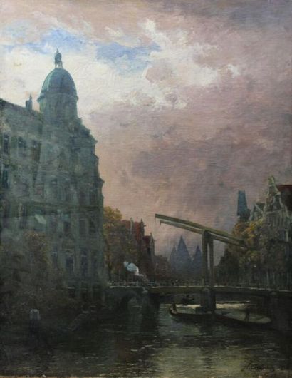 null DELSAUX Willem (1862-1945) : « Pont à bascule sur L'Amstel, Amsterdam, 1899 »....