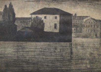 null Ecole Moderne : « Maison sur l'eau, 1947 ». Pointe sèche en noir (insolation...