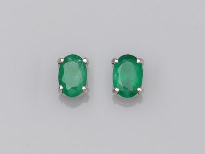 null Pair of 750°/00 (18K) gold chips each set with an oval emerald of about 0.4...