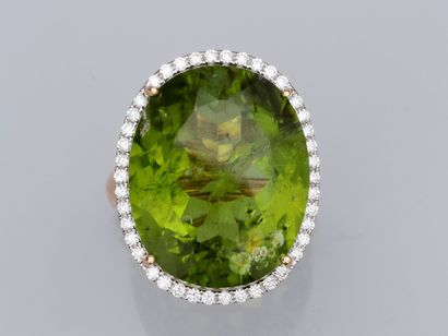 null Ring in two-tone 750°/00 (18K) gold, set with an oval peridot of about 15 ct,...