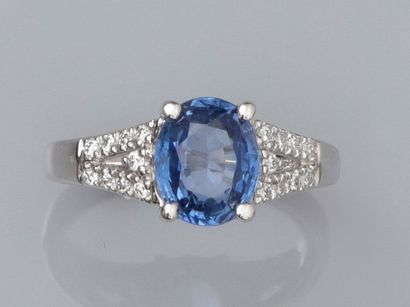 null Ring in 750°/00 (18K) white gold, set with an oval sapphire of approximately...