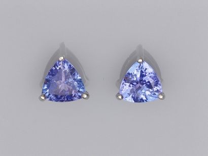null Pair of 750°/00 (18K) gold chips each set with a triangular tanzanite of about...