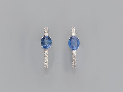 null Pair of oval creoles in 750°/00 (18K) white gold, each set with an oval sapphire...