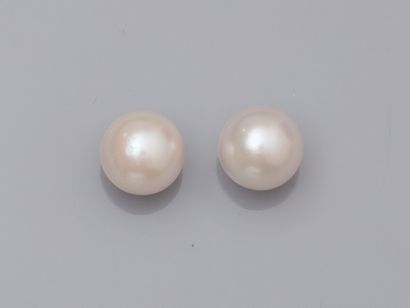 null Pair of earrings each set with an Akoya cultured pearl. Diameter 7.5/8 mm. Stems...