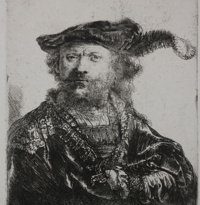 null REMBRANDT H. van Rijn (1606 1669) - "Autoportrait, Rembrandt au bonnet orné...