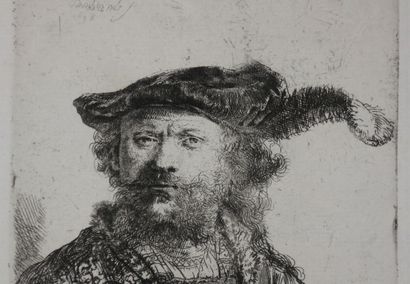 null REMBRANDT H. van Rijn (1606 1669) - "Autoportrait, Rembrandt au bonnet orné...