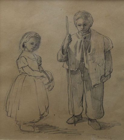 null ANONYME XIXe siècle, Jeune berger et petite paysanne, crayon noir sur papier...