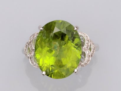 null Bague en or gris 750°/°° (18K) , sertie d'un péridot ovale de 9 carats environ...