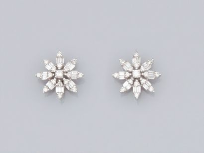 null Paire de boucles d'oreilles fleurs en or gris 750°/°° (18K) , serties de diamants...