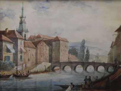 null ECOLE FRANCAISE Première Moitié du XIXe siècle : « Petite ville au pont enjambant...