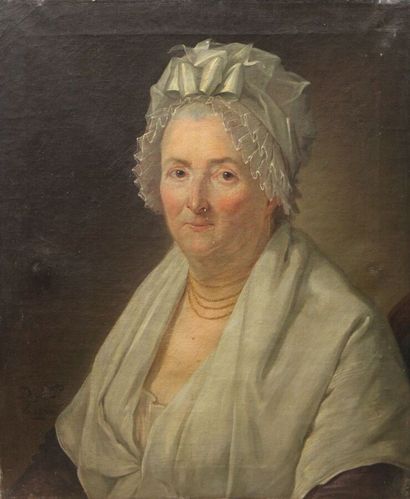 null ECOLE FRANCAISE 1800 : « Portrait de femme âgée coiffé d'un bonnet de batiste...
