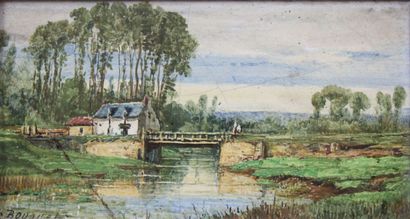 null BOUQUET Michel (1807-1890) : « Maison en bord de rivière ». Peinture sur plaque...