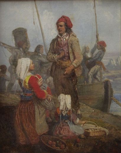null CARADEC Louis, 1802-1882, Le départ des pêcheurs, Plougastel, huile sur toile...