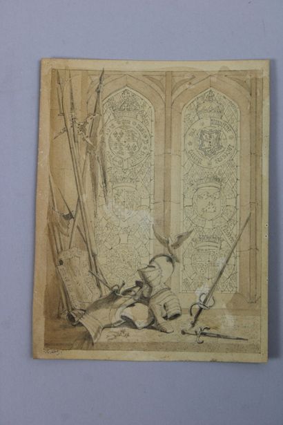 null DAUZATS Adrien (1804-1868) : « Armes et armures devant des vitraux, 1851 »....