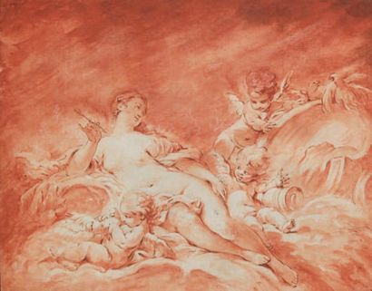 ECOLE FRANÇAISE du XVIIIème siècle «Vénus et trois putti». Dessin à la sanguine sur...